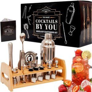 Cocktail Mixology Shaker Set - Bartender Kit with Bamboo Stand